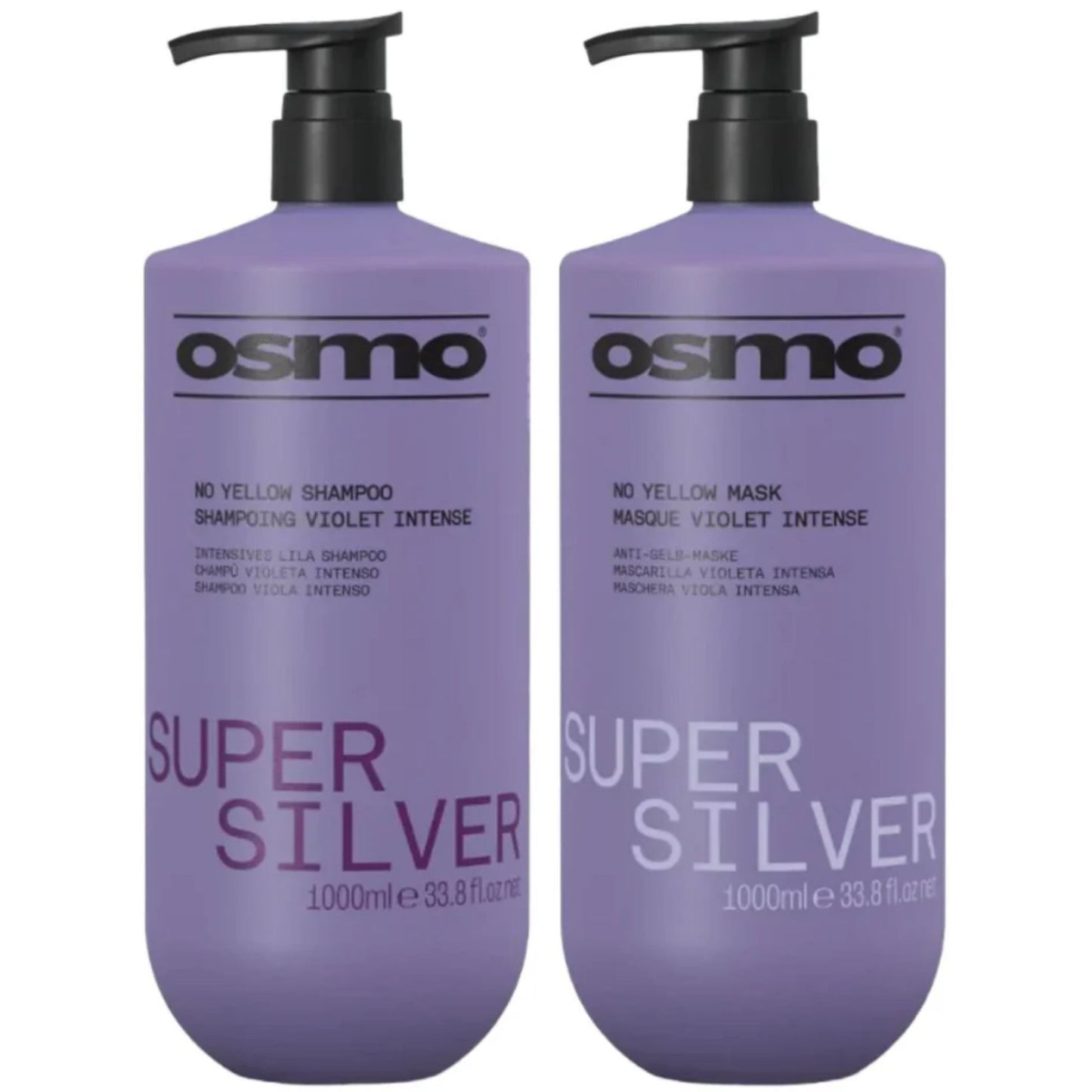 Osmo Super Silver No Yellow Shampoo and Mask Duo 1000ml purple toning haircare set for blonde and grey hair