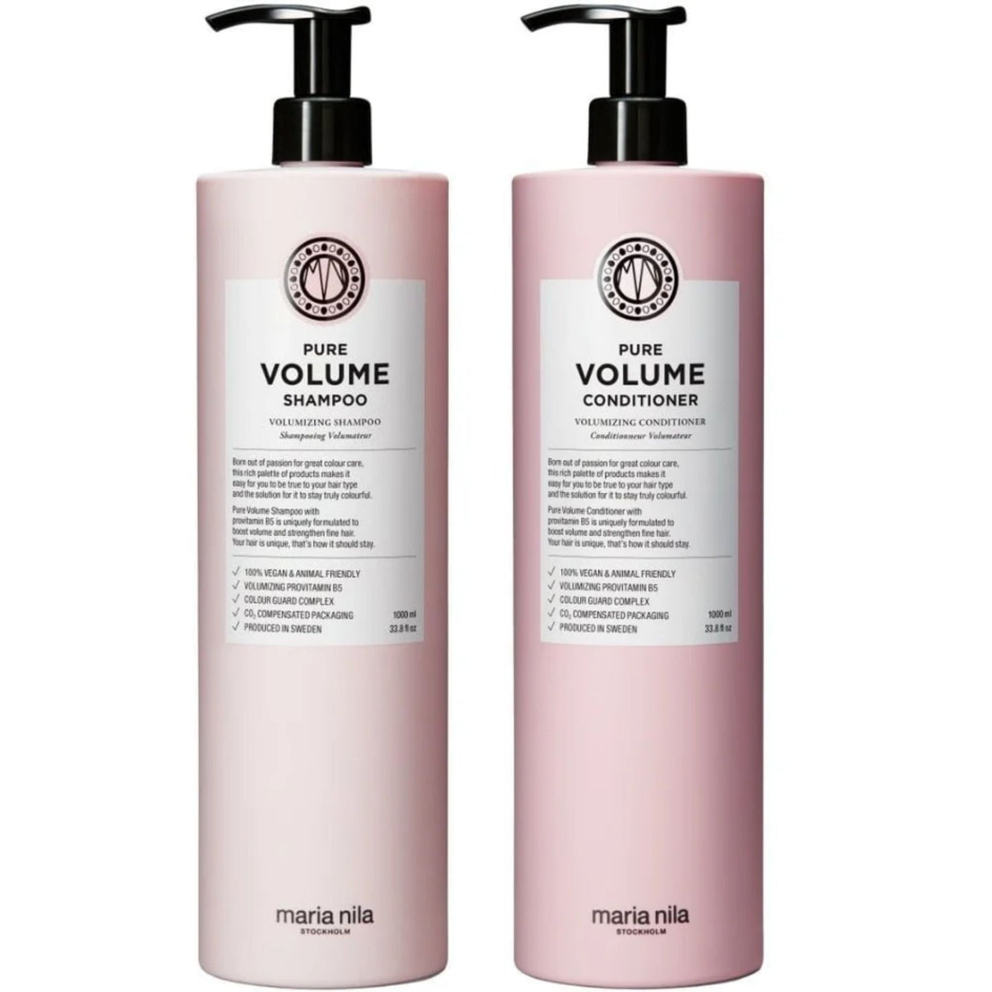 Maria Nila Pure Volume Shampoo and Conditioner Duo 1000ml salon size volumising haircare set for fine hair