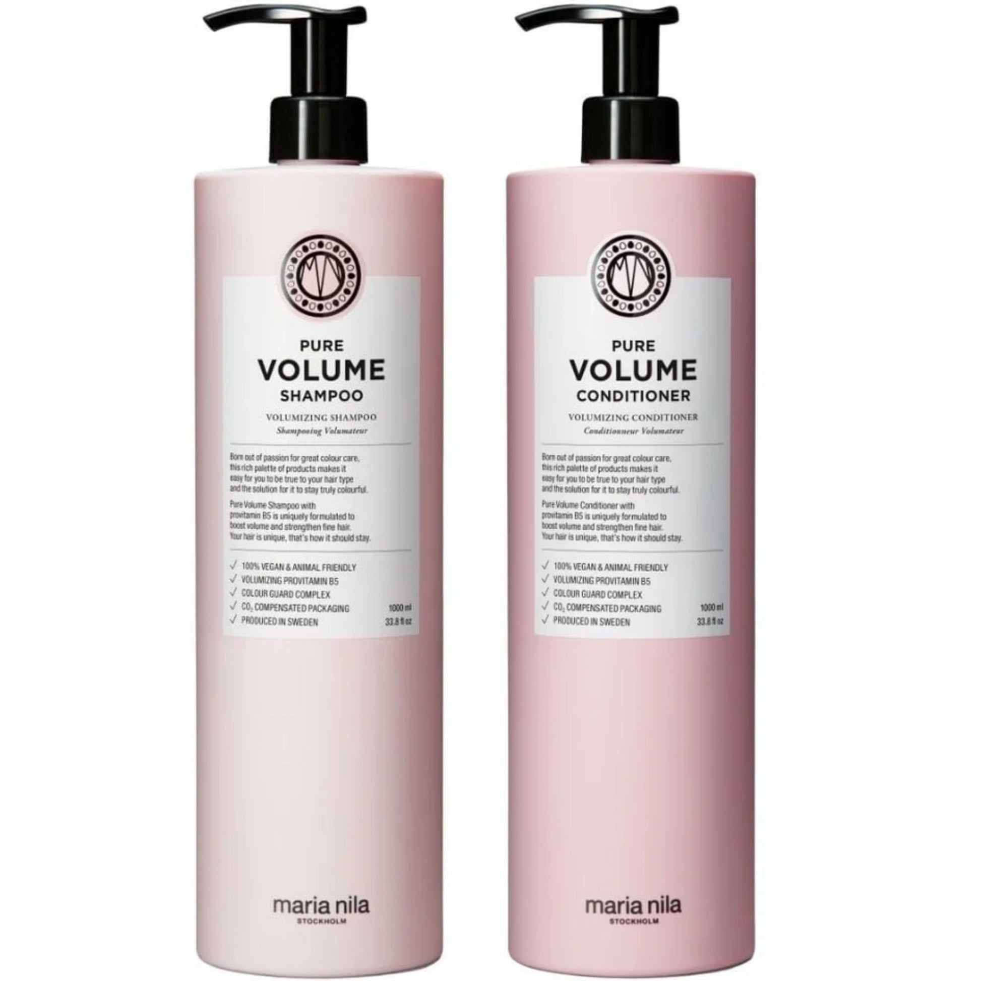 Maria Nila Pure Volume Shampoo and Conditioner Duo 1000ml salon size volumising haircare set for fine hair