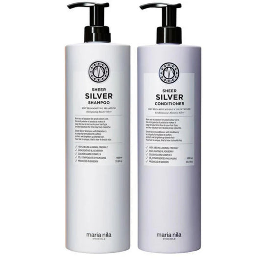 Maria Nila Sheer Silver Shampoo and Conditioner Duo 1000ml salon size purple toning set for blonde hair